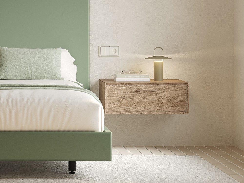 Mesita de noche suspendida Angul en chapa natural con un cajón. Vive muebles