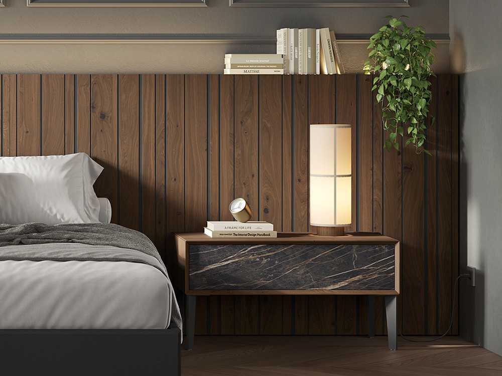 Mesita de noche con un cajón Angul en chapa natural Roble y frente cerámico