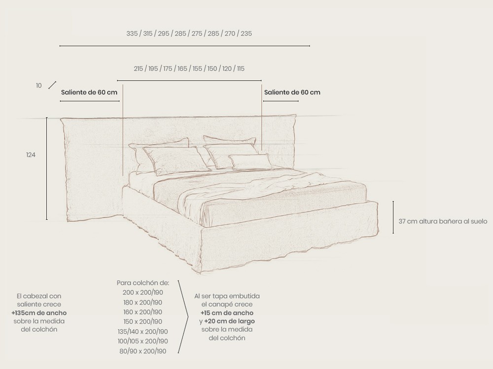 Medidas disponibles de la cama con arcón tapizada en lino H2O Big