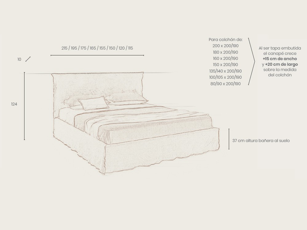 Medidas disponibles para la cama H2O lino de Acana