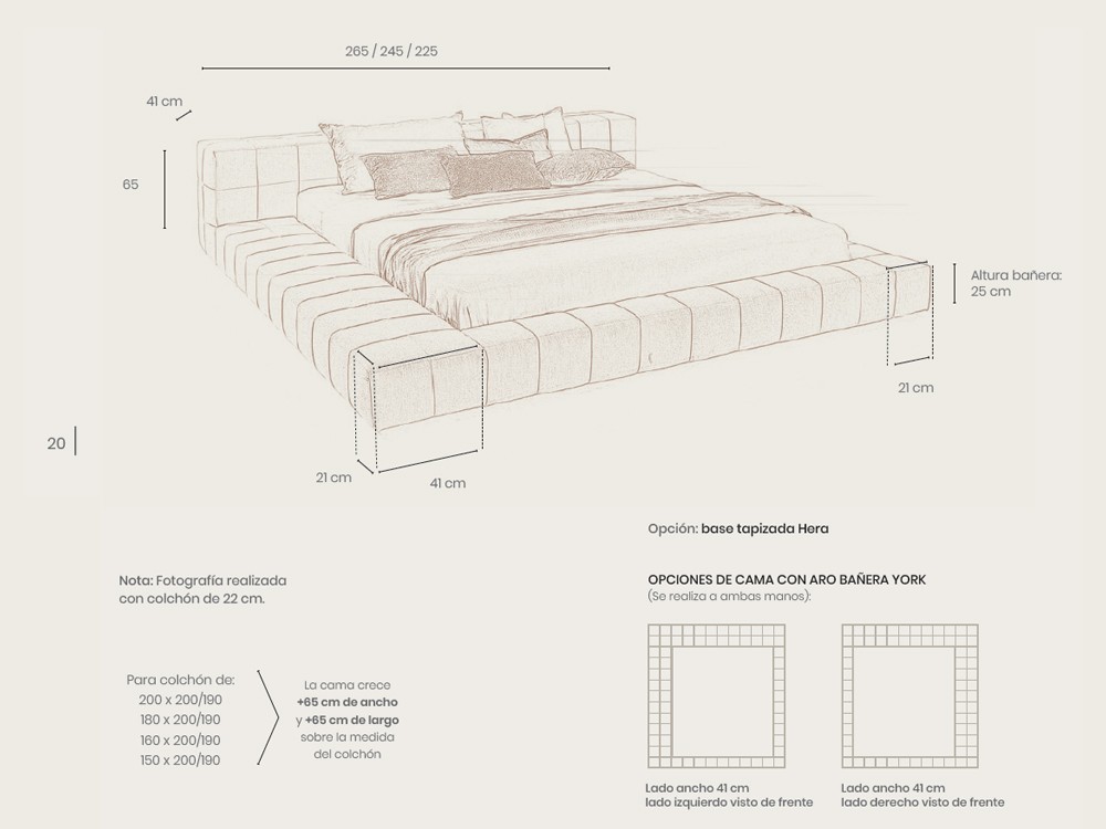 Medidas disponibles para la cama tapizada incluye base tapizada York de Acana