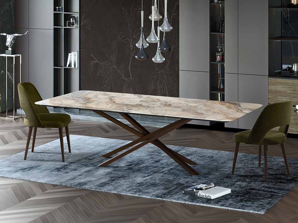 Mesa fija de comedor Andy con sobre porcelánico y base de metal de Tabula