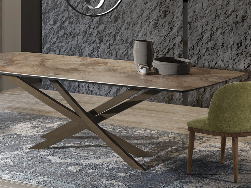 Detalle de la base escultórica de metal epoxy de Juliet mesa de comedor fija de Tabula