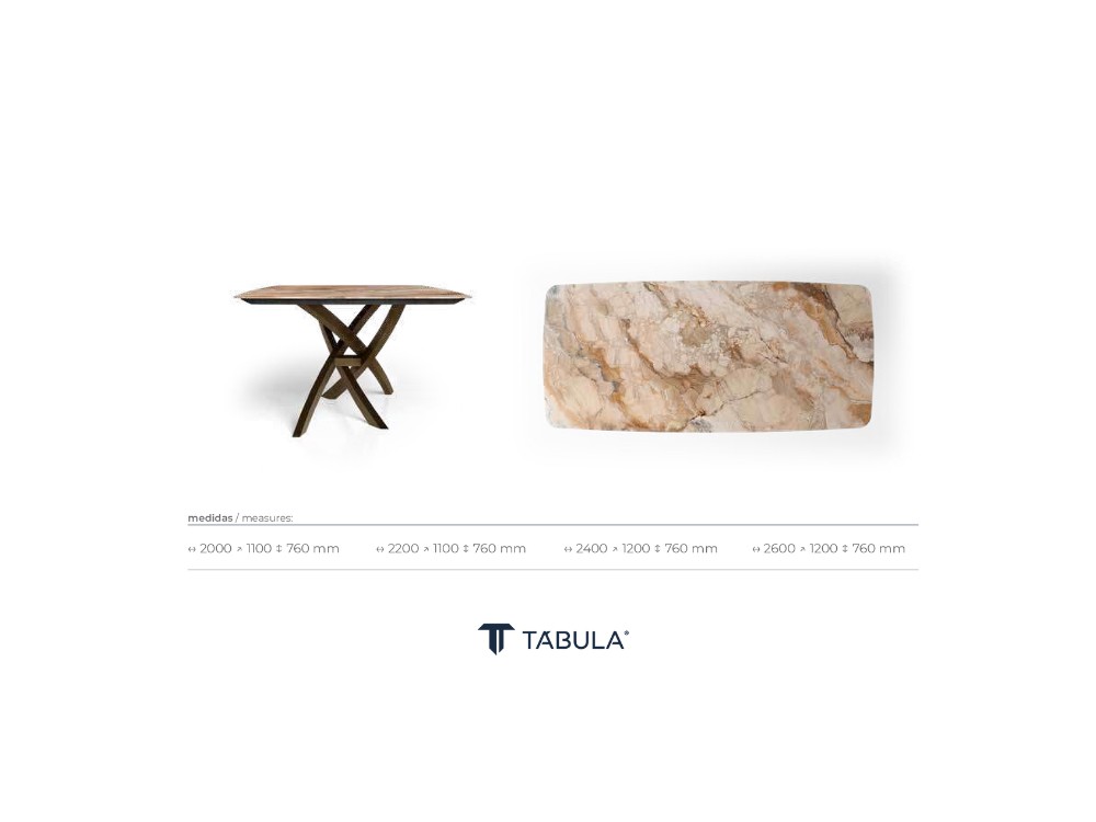 Medidas disponibles para la mesa Juliet de Tabula, también con sobre en chapa natural
