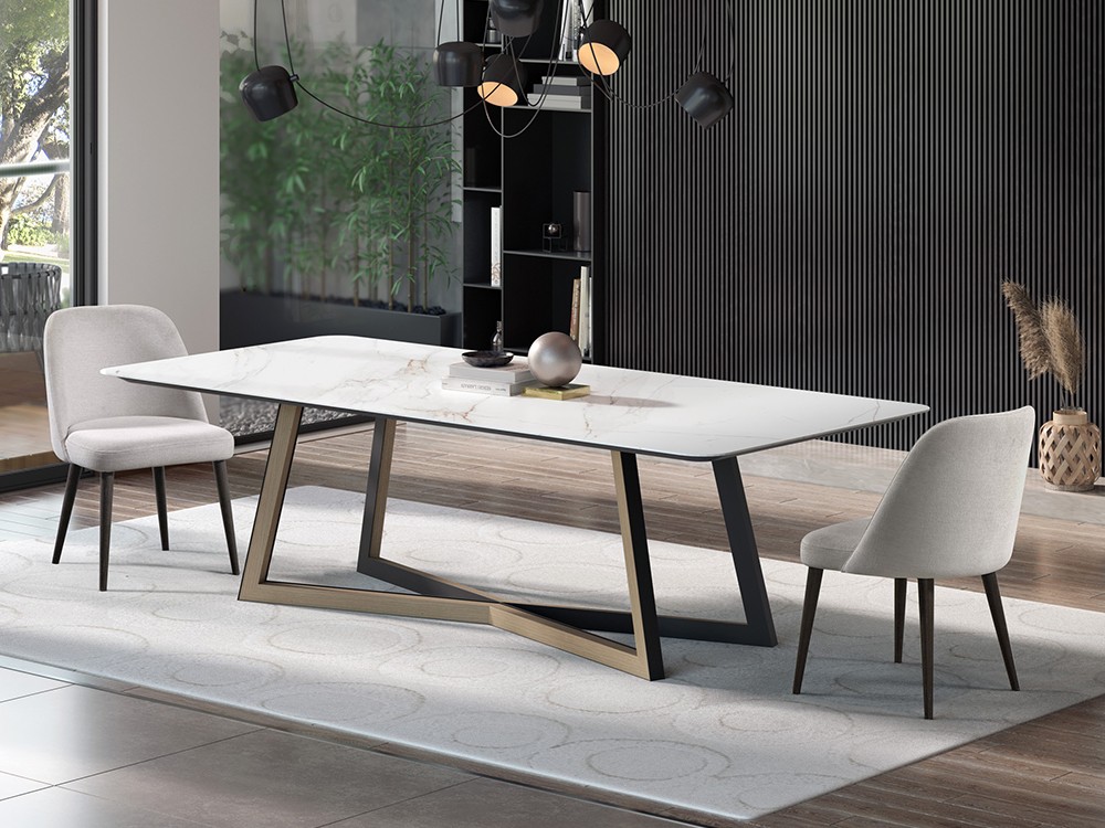 Mesa fija de comedor con base de metal y sobre en porcelánico Mariland de Tabula