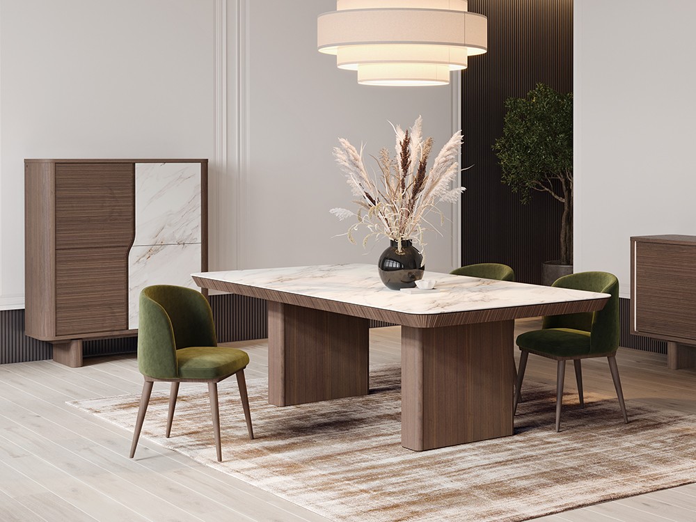 Mesa de comedor fija Pico con sobre porcelánico y base de chapa natural Tabula