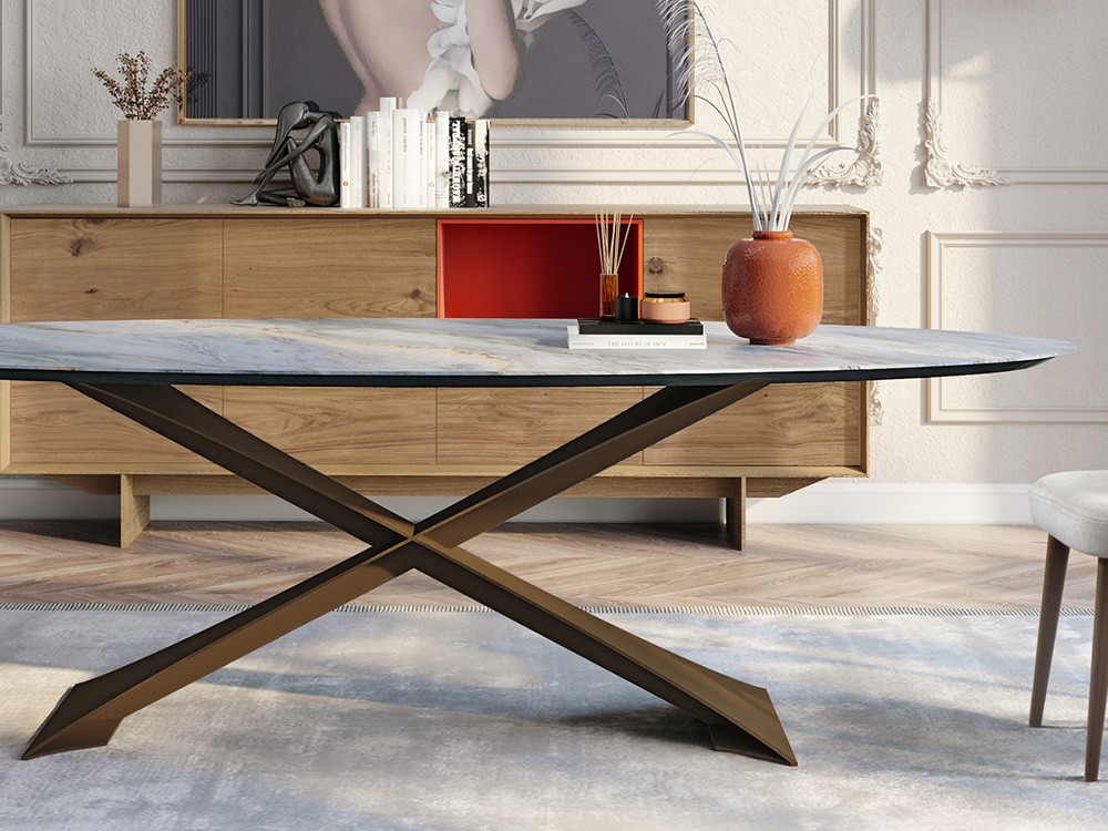 Detalle de las patas de metal epoxy texturizado Vik elipse mesa de Tabula