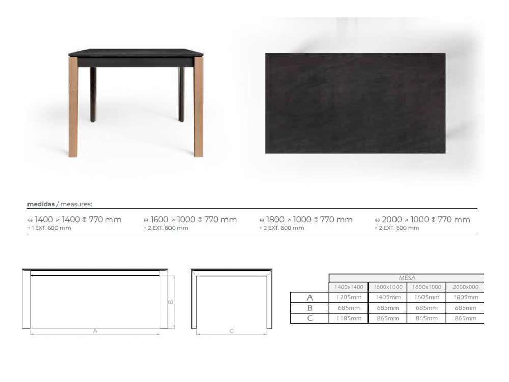 Medidas disponibles para la mesa extensible Eden de Tabula