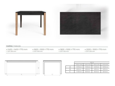 Medidas disponibles para la mesa extensible Eden de Tabula