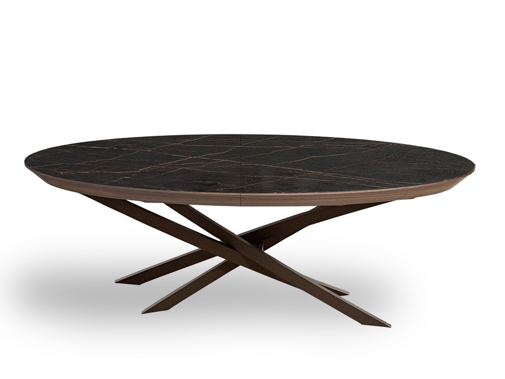 Sobre porcelánico, faldón en chapa natural nogal y patas cruzadas de metal negro Elitist Tabula