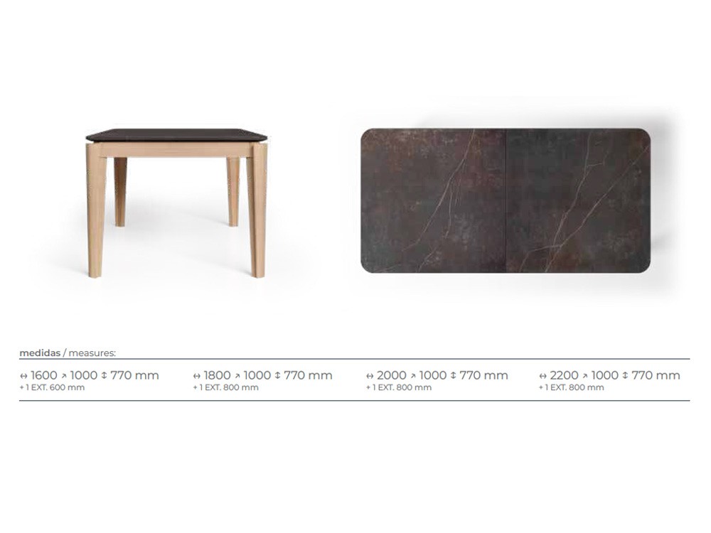 Medidas disponibles de la mesa Ziggy extensible de Tabula