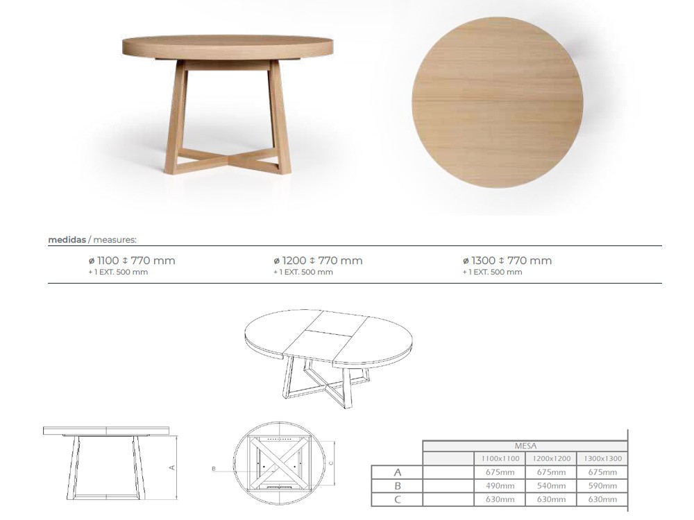 Medidas disponibles de la mesa extensible de comedor Kross de Tabula