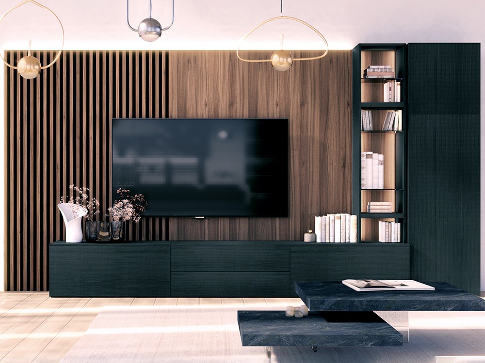 Composición de librería para salón con panel trasero para tv de piñero y cabrero