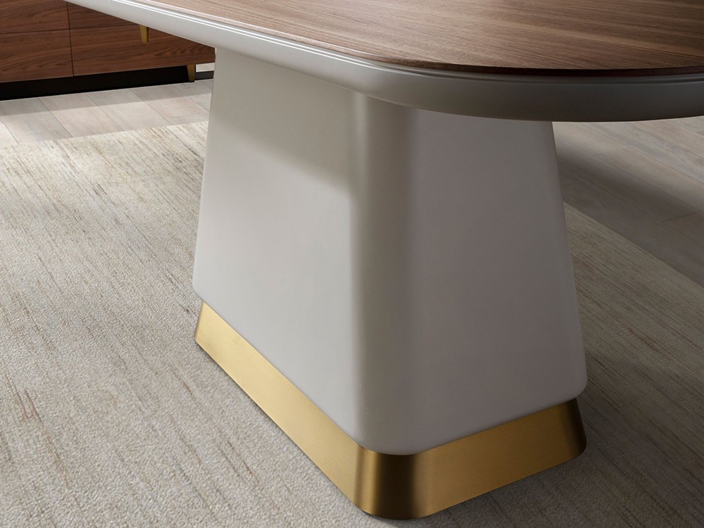 Base de DM lacado en color beige con acero pulido dorado, mesa 1166 de Angel Cerdá
