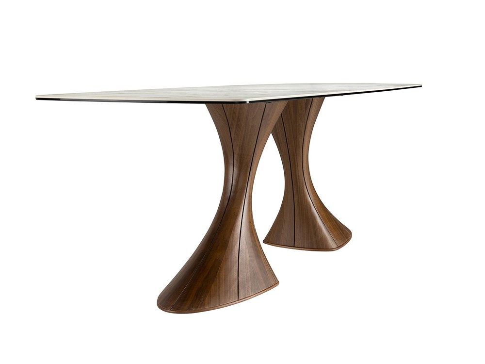 Base escultórica con dos pies de madera color nogal torneadas, mesa fija 1174 de Ángel Cerdá