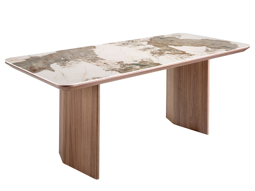 Sobre porcelánico blanco con vetas tierra en acabado brillo rectangular, mesa 1129