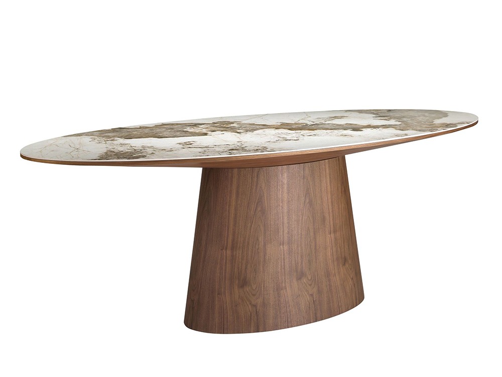 Combina un sobre porcelánico con la base en chapa natural de nogal 1177 mesa ovalada de Ángel Cerdá
