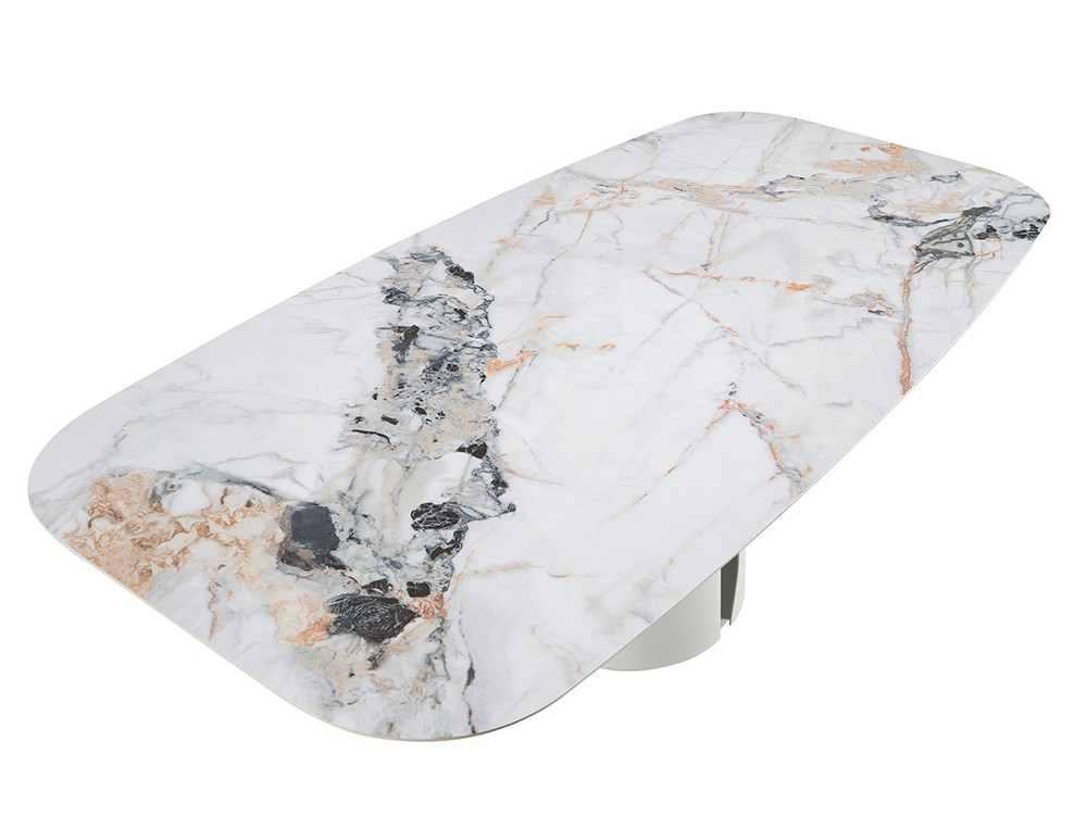 Con sobre con silueta barril porcelánico en color blanco con vetas grises y marrones brillo, mesa 1135