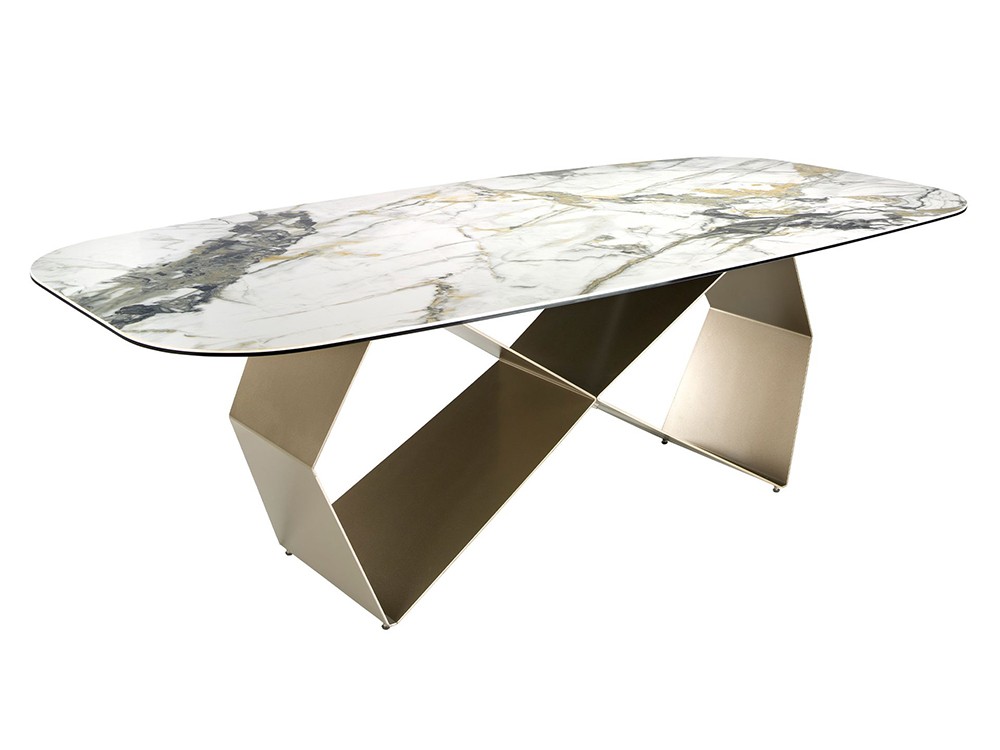 Mesa fija con sobre silueta barril porcelánico y base de acero 1140 de Ángel Cerdá