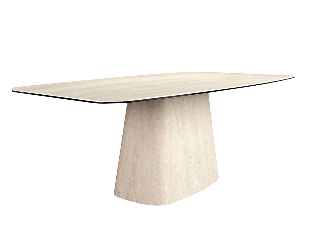 Mesa fija de comedor con silueta barril 1171 con sobre y base en porcelánico, Ángel Cerdá