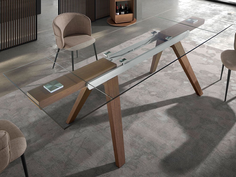 Mesa de comedor con sobre extensible de cristal templado transparente y patas de chapa natural 1131