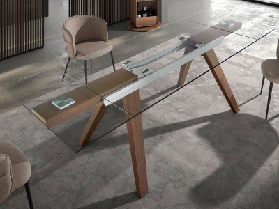 Mesa de comedor con sobre extensible de cristal templado transparente y patas de chapa natural 1131