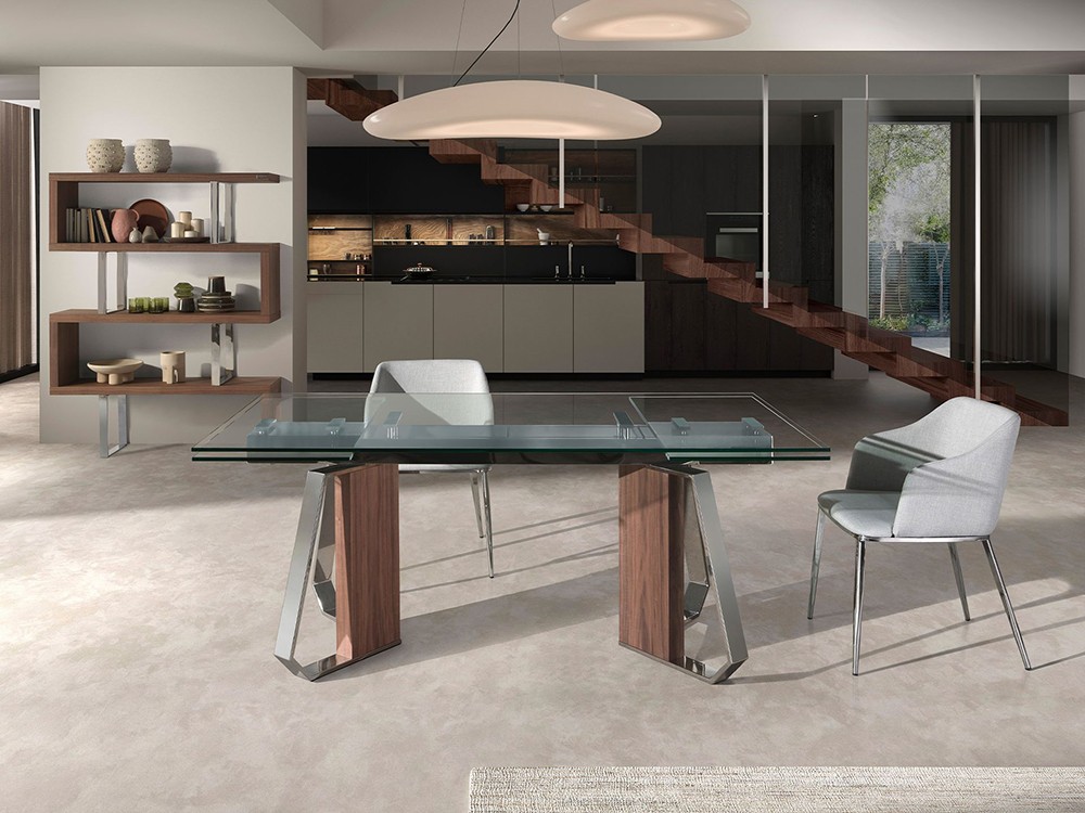 Mesa extensible de comedor con sobre de cristal templado y base de acero y chapa natural 1159 Ángel Cerdá