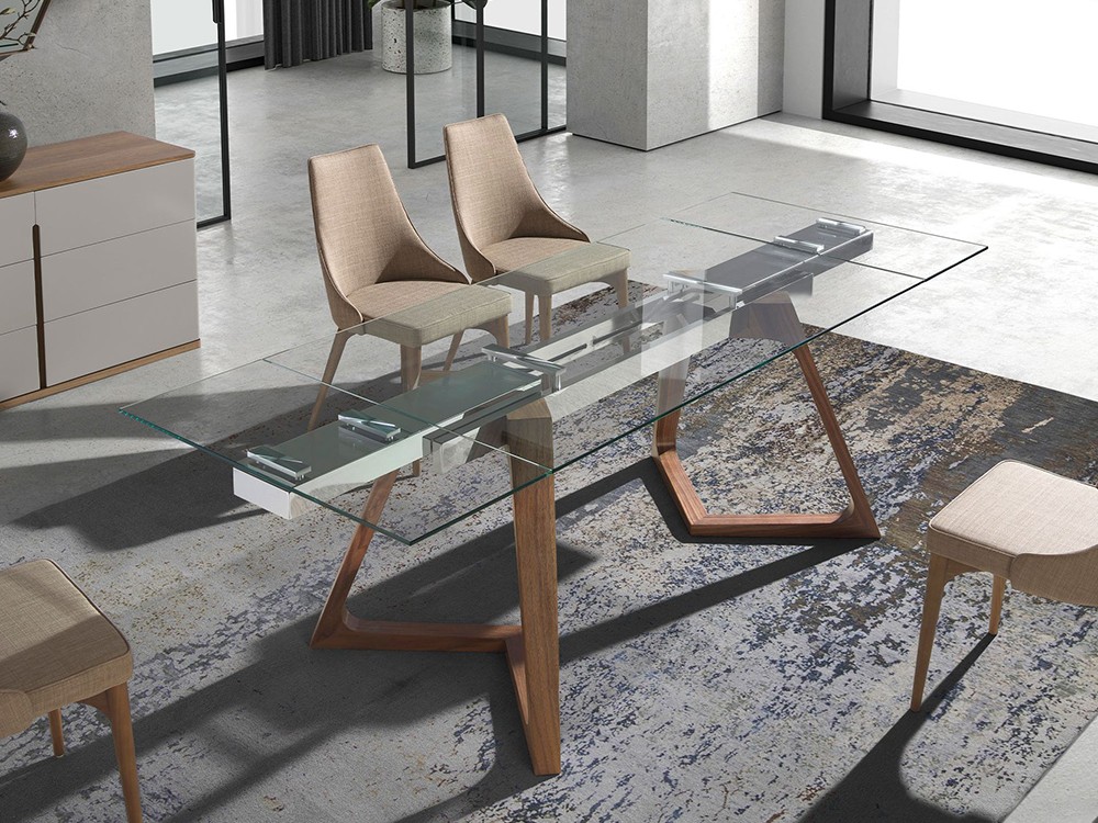 Mesa de comedor extensible con sobre de cristal templado y base en chapa natural 1115 Ángel Cerdá