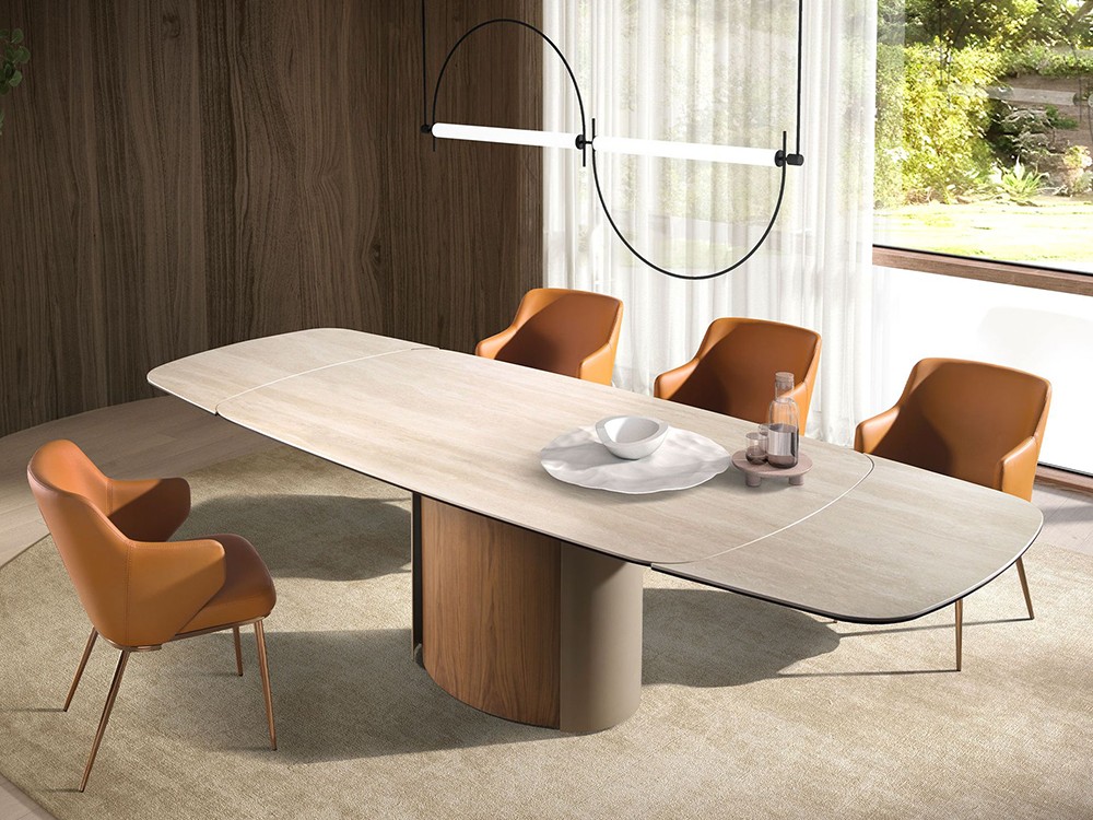 Mesa extensible de comedor tipo barril con sobre porcelánico y base de acero y chapa nogal 1162 Ángel Cerdá