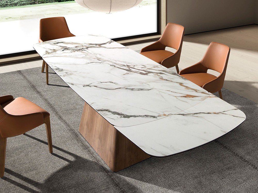 Mesa de comedor con dos extensiones, sobre porcelánico y base en chapa natural 1158