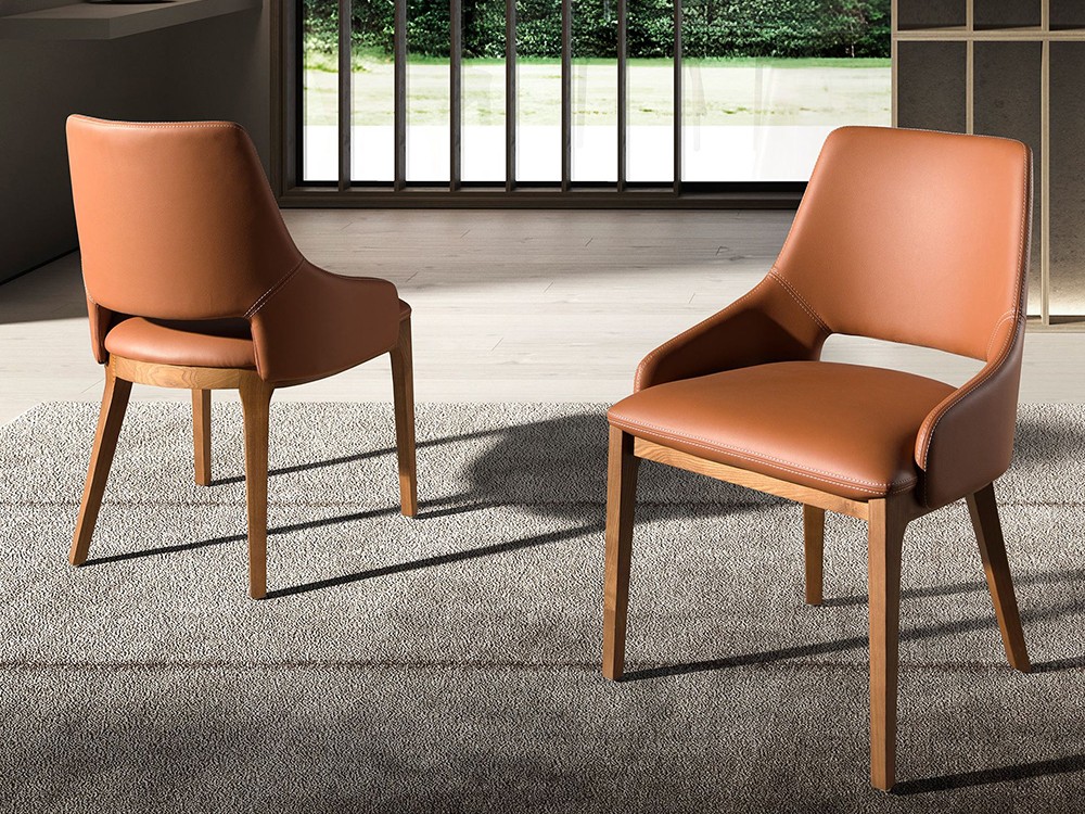 Silla de diseño con asiento tapizado en polipiel marrón y patas de chapa nogal 4156 Ángel Cerdá