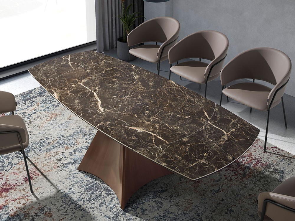 Mesa extensible con sobre en porcelánico marrón con base de acero imitación madera 1113 Ángel cerdá