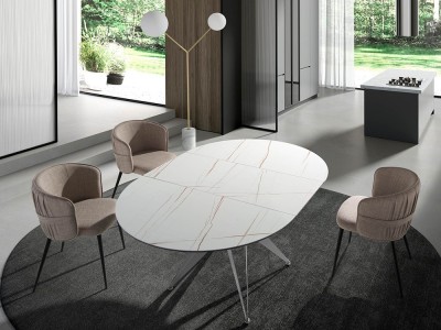 Mesa redonda de comedor con sobre extensible porcelánico y base de acero 1119 de Ángel Cerdá