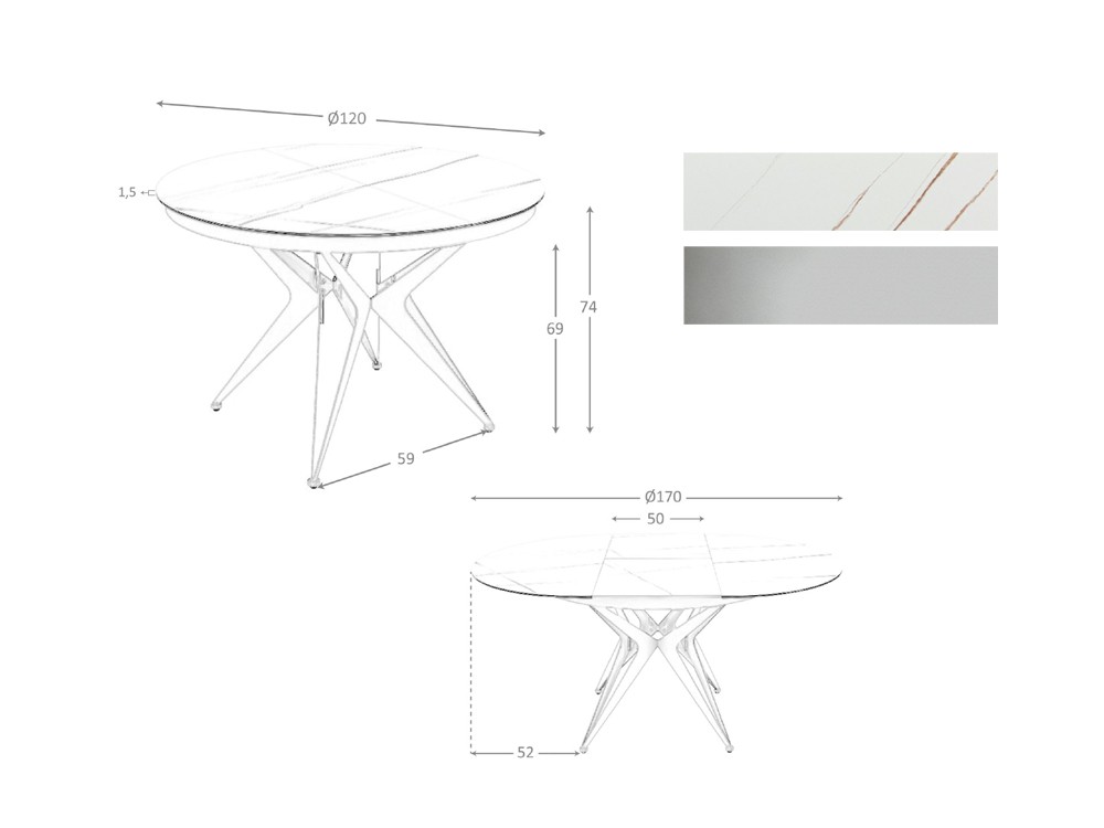 Medidas y acabados de la mesa redonda extensible 1119 de Ángel Cerdá