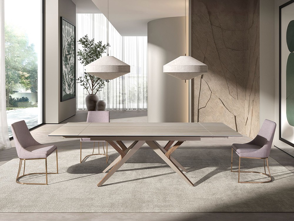 Mesa de comedor con dos extensiones laterales, sobre en porcelánico y base de acero y chapa madera 1155 de Ángel cerdá