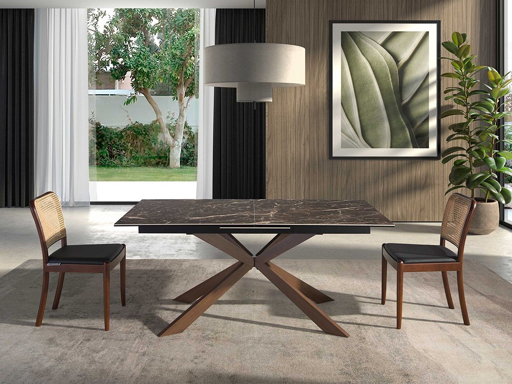 Mesa de comedor con dos extensiones, sobre porcelánico y base de acero 1121 de Ángel Cerda