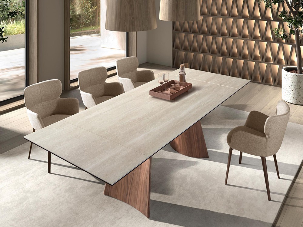 Mesa de comedor con sobre con dos extensiones en porcelánico y base en acero imitación nogal 1164