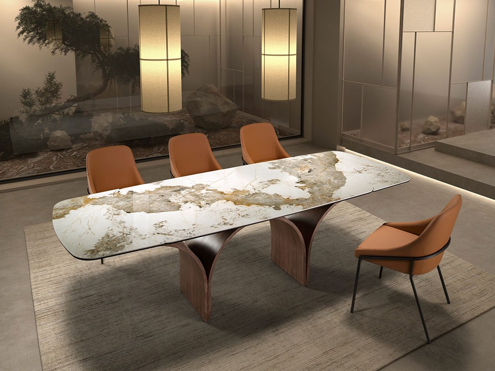 Sobre con dos extensiones en porcelánico color blanco con vetas marrones, mesa 1156 Ángel cerda