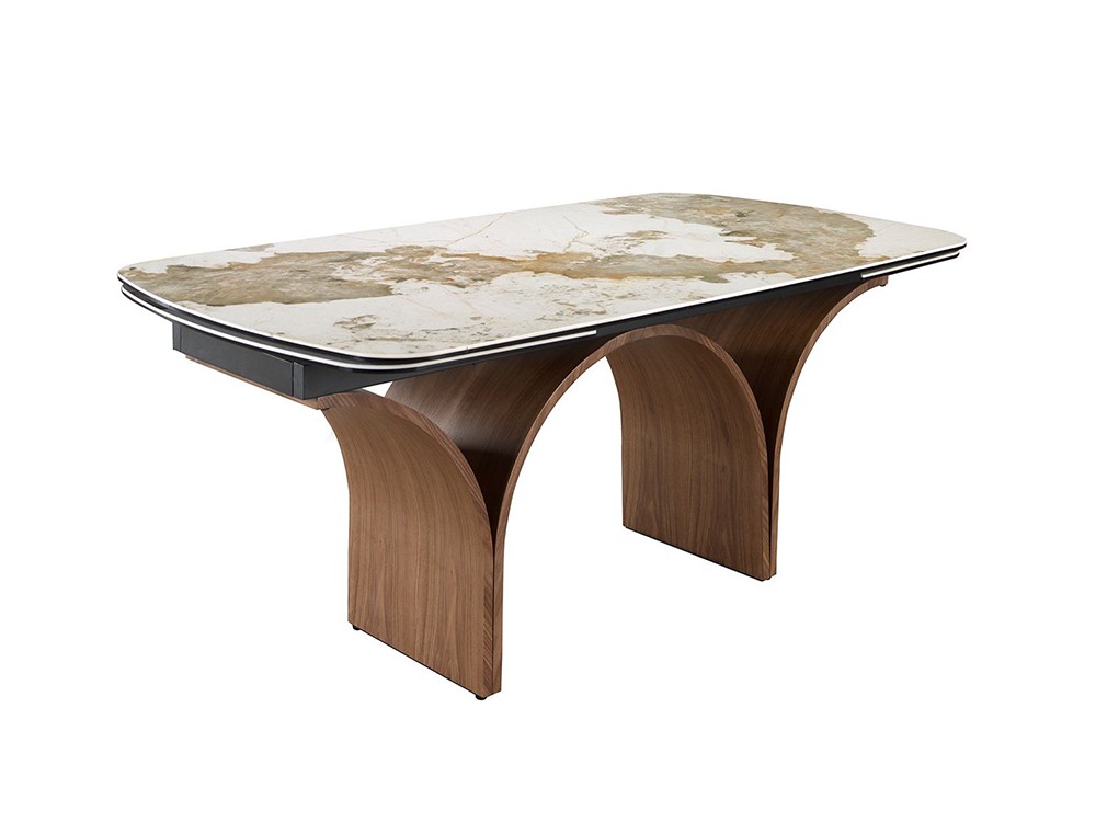 Mesa de comedor con dos extensiones, sobre porcelánico blanco veta y base en acero imitación nogal 1156