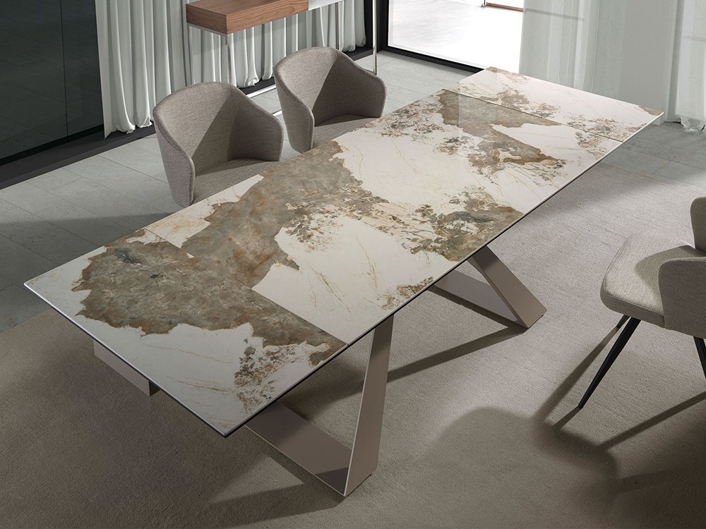 Mesa de comedor con dos extensiones, sobre porcelánico blanco veteado y patas de acero 1117 Ángel Cerdá
