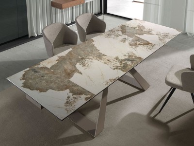 Mesa de comedor con dos extensiones, sobre porcelánico blanco veteado y patas de acero 1117 Ángel Cerdá