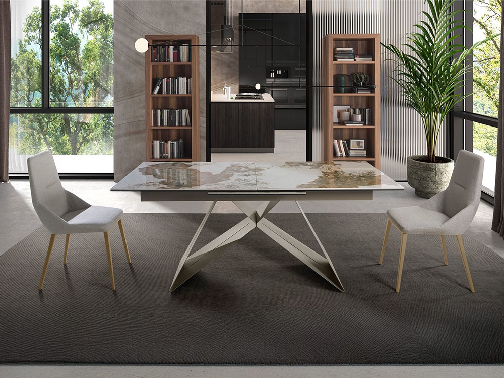 Mesa de comedor con una extensión, sobre porcelánico y base de acero 1114 de Ángel Cerdá