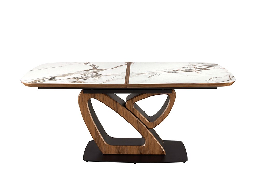 Base escultórica que combina la chapa natural de nogal con acero pintado epoxi negro, mesa 1161