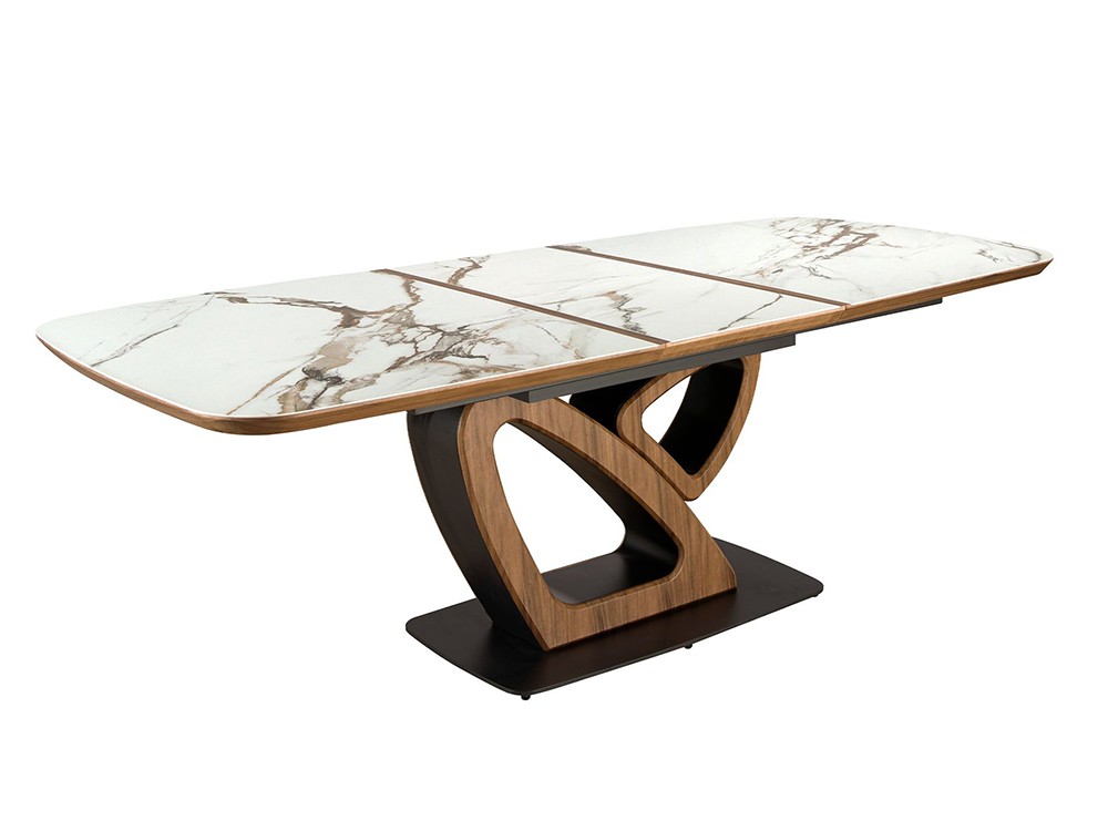 Sobre porcelánico con una extensión central en color blanco veteado sobre chapa de madera, mesa 1161