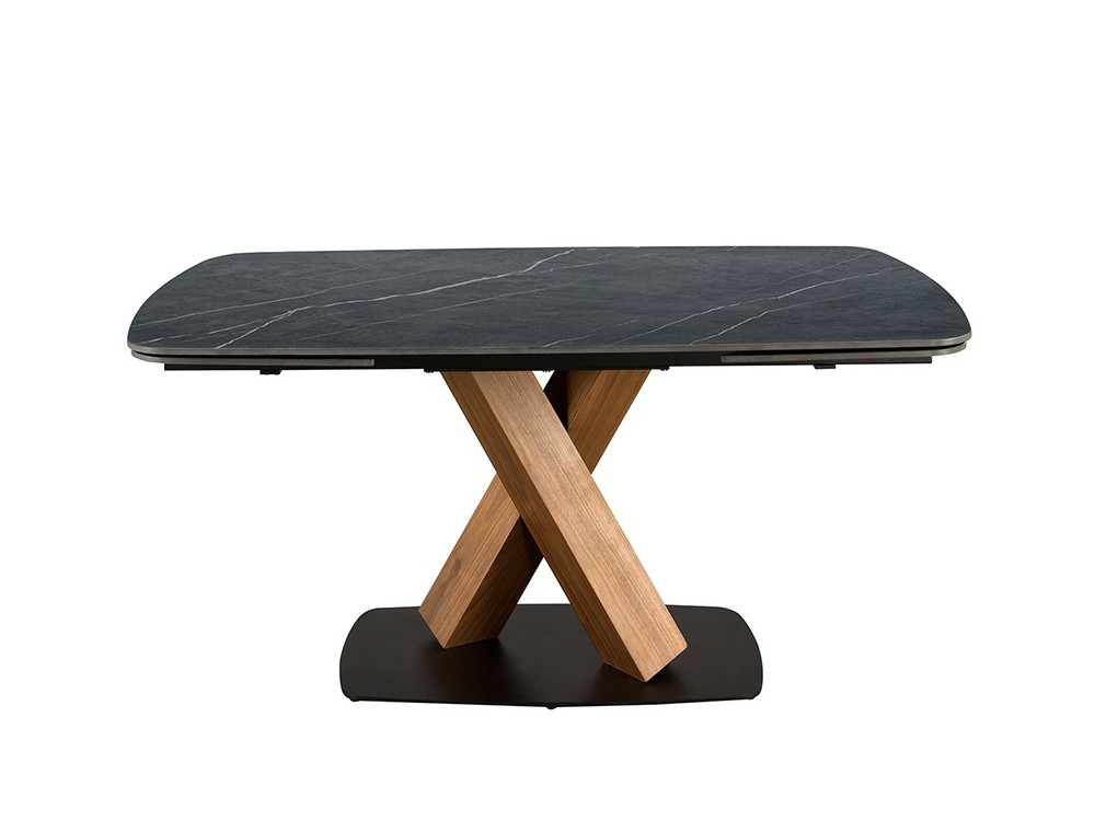 Base escultórica con dos patas cruzadas en chapa natural de nogal y base de acero negro, mesa 1149