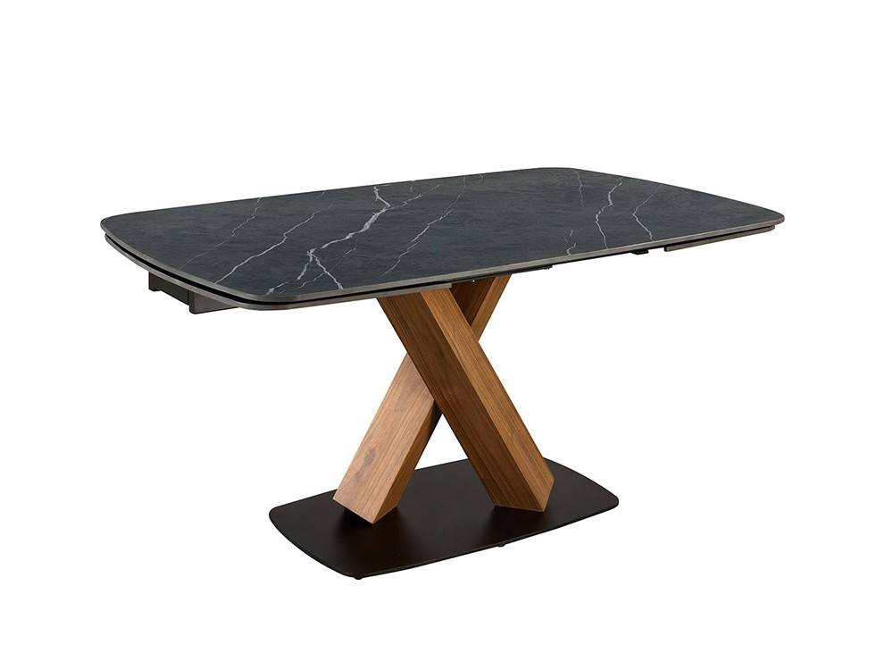 Mesa de comedor con dos extensiones, sobre porcelánico y base de chapa natural y acero 1149