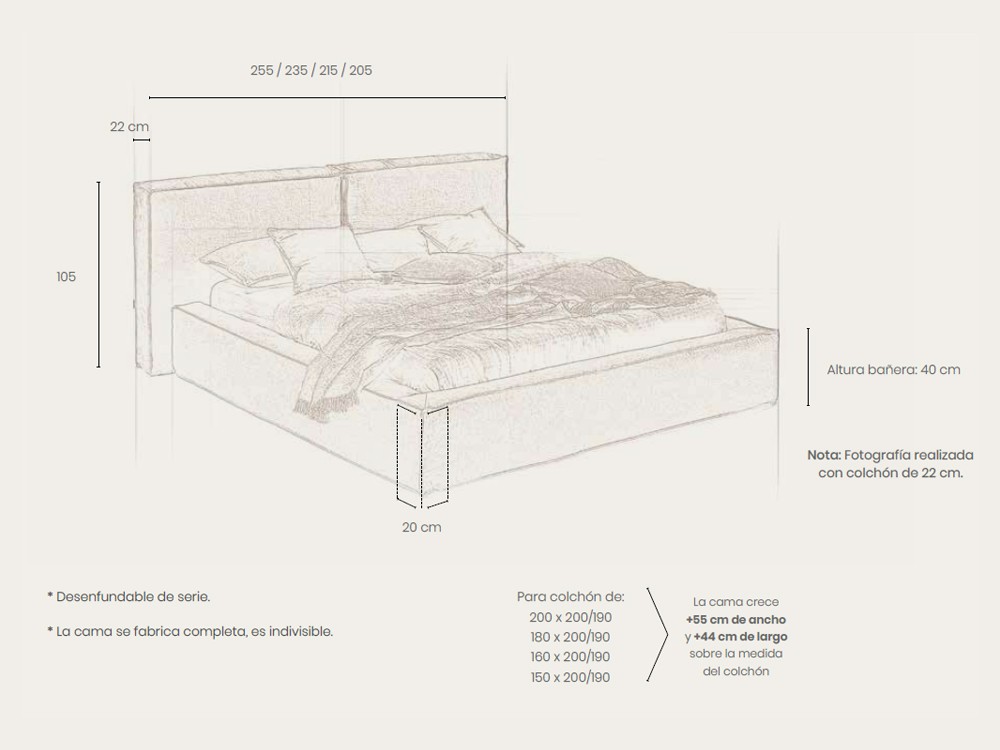 Medidas de la Cama tapizada en lino Swolen de Acana Piel