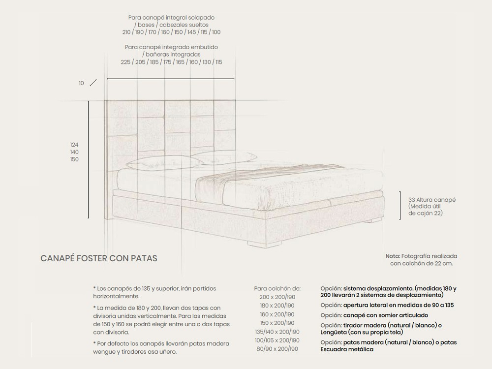 Medidas del cabecero Vital y el canapé con arcón tapizados Vital y Foster de Acana