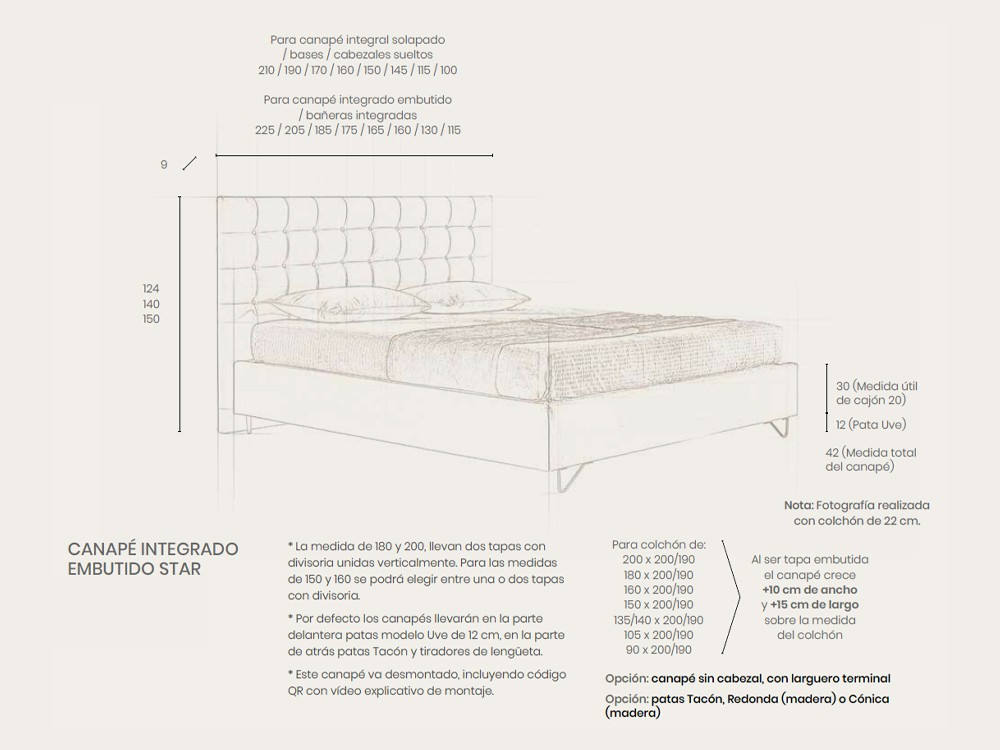 Medidas del cabecero y canapé elevable con arcón Star tapizados de Acana