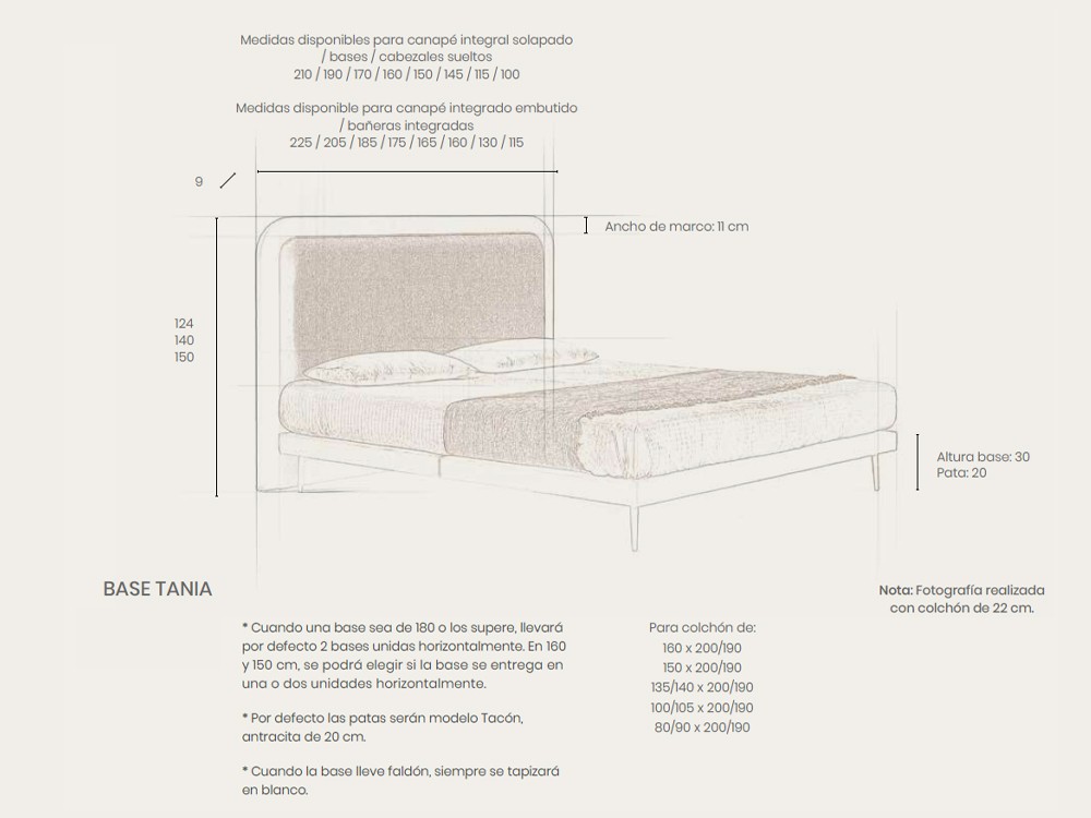 Medidas del cabecero Nice y la base tapizada Tania de Acana